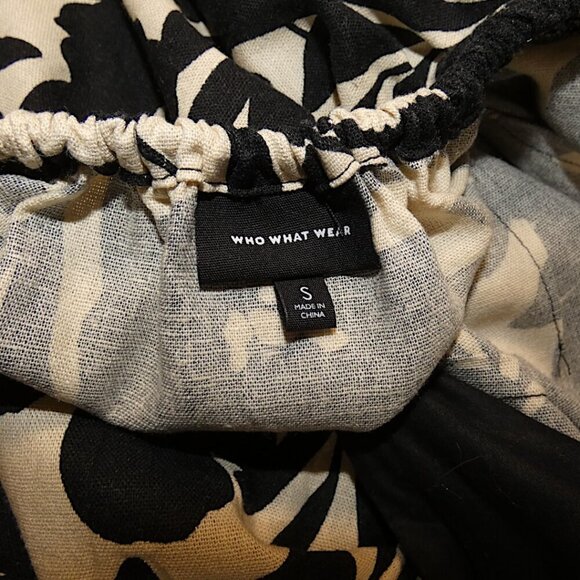 Cottagecore Black Tan Linen Puff Sleeve Tie Back Cutout Midi Dress Size S Floral - Picture 8 of 13